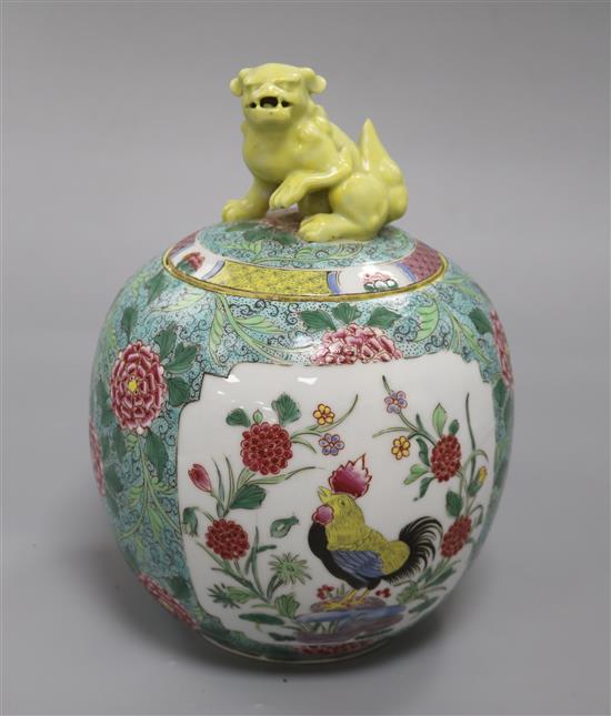 A late 19th century Samson famille rose rooster jar with kylin finial height 25cm